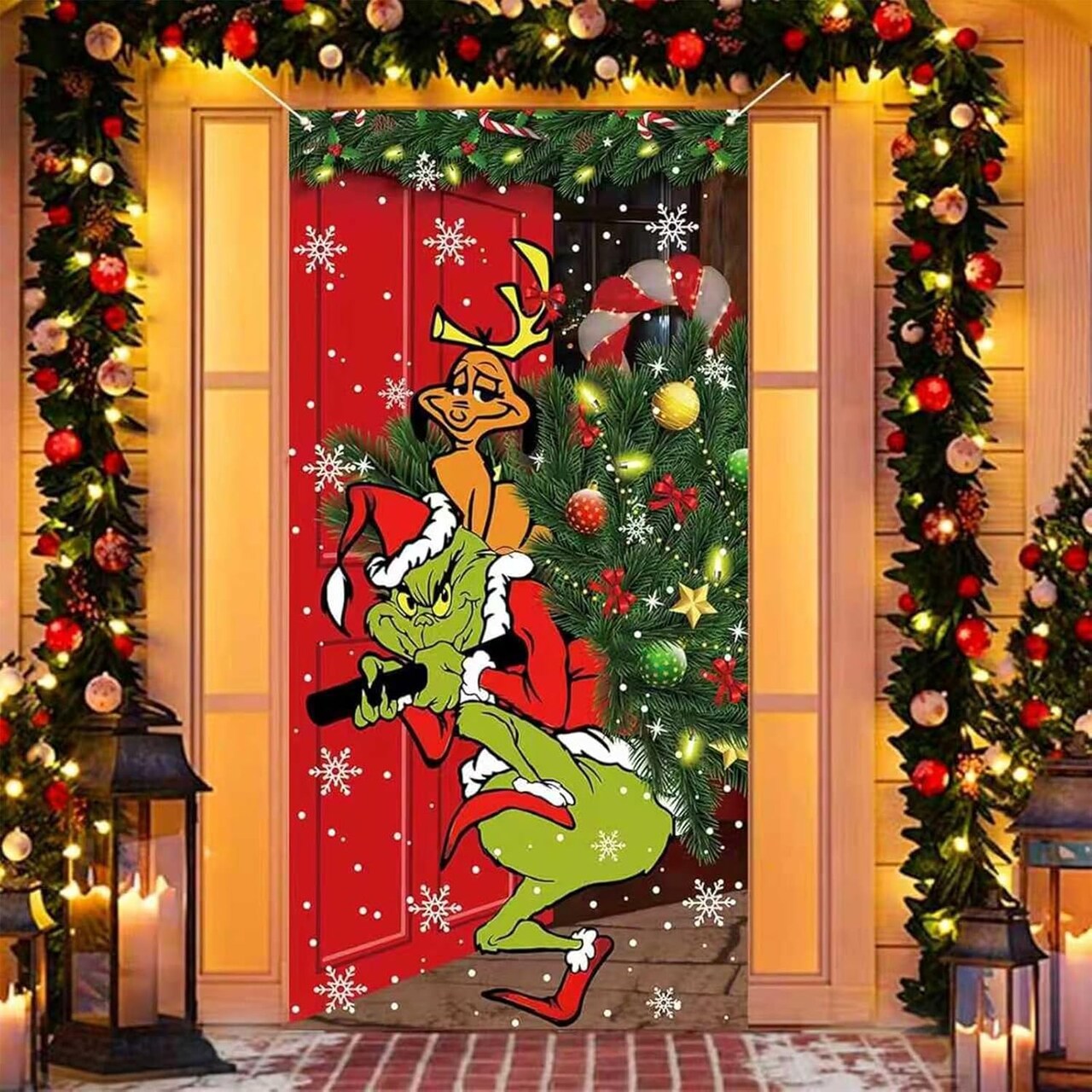Green Christmas Decorations Door Cover Merry Christmas Door Cover 6 X 3ft(Black)35.43"L x 70.87"W